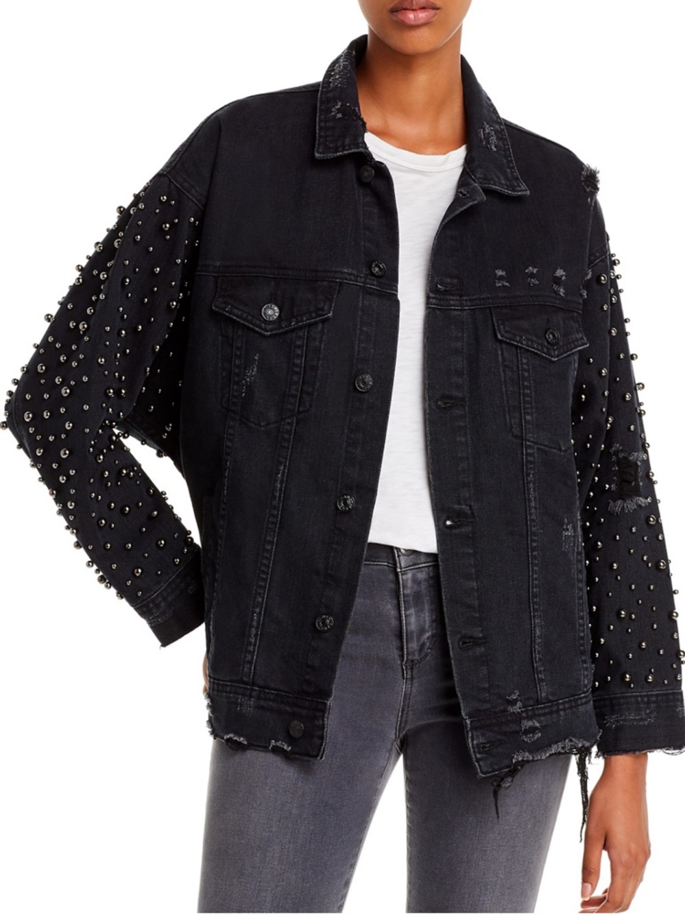Sunset + Spring Embellished Denim Jacket with Pearl Stud Detail